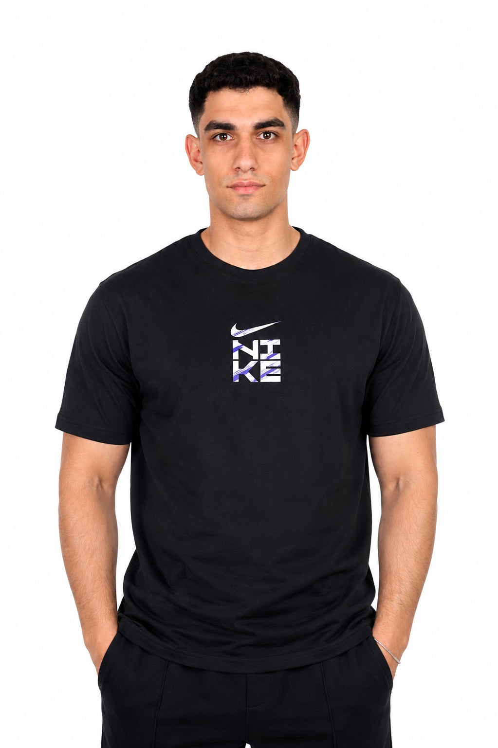 A man wearing a black Nike t-shirt