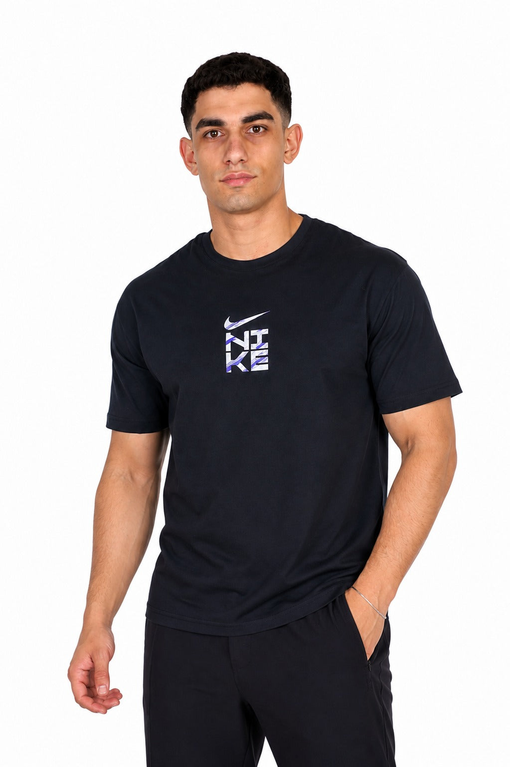 A man wearing a black Nike t-shirt