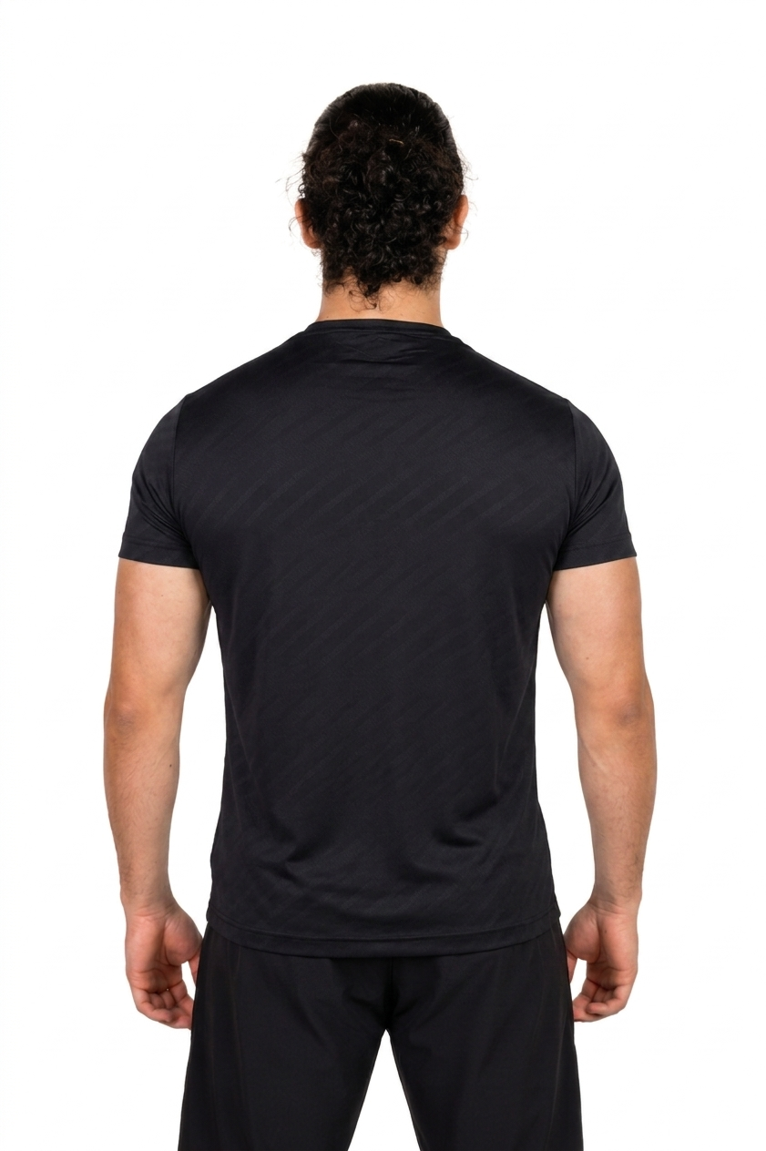Person wearing a black athletic shirt and shorts on a background