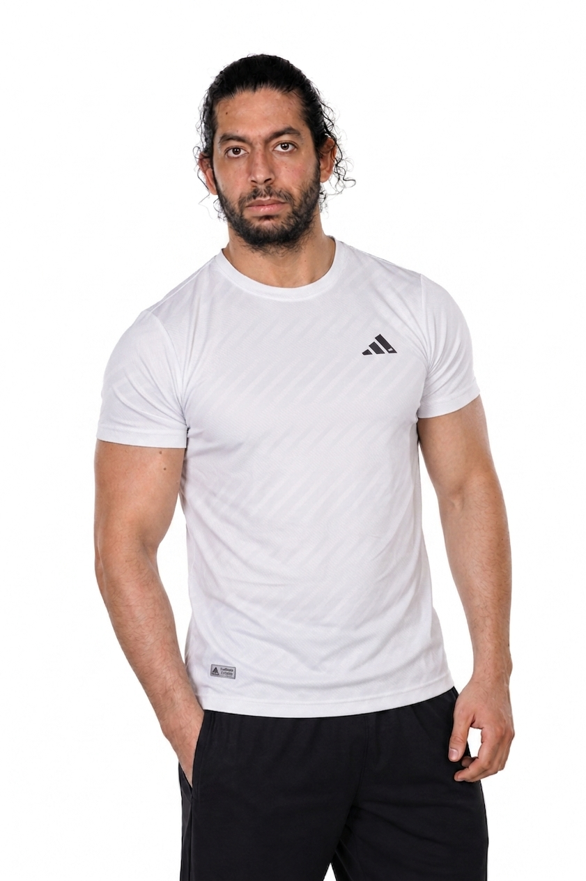Man wearing a white Adidas t-shirt on a white background