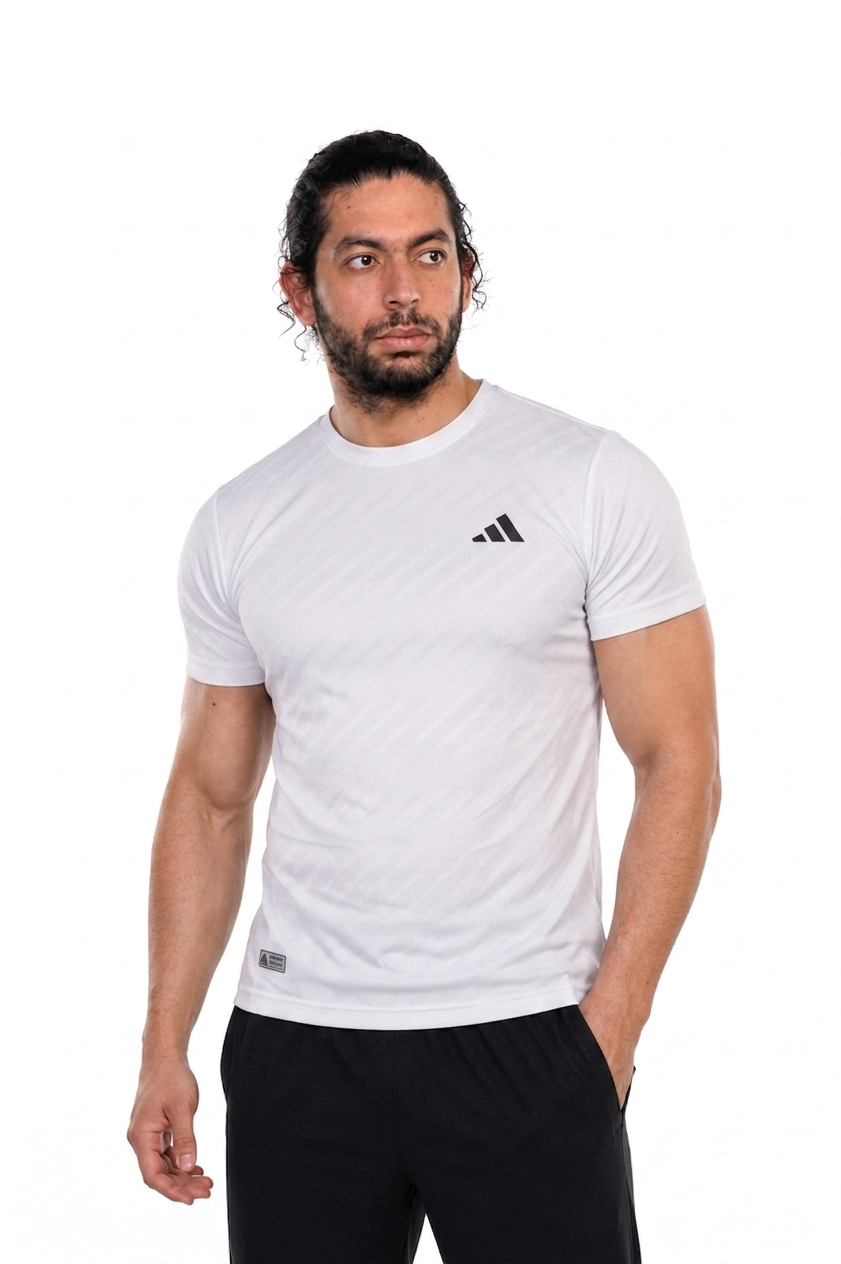 Man wearing a white Adidas t-shirt on a white background