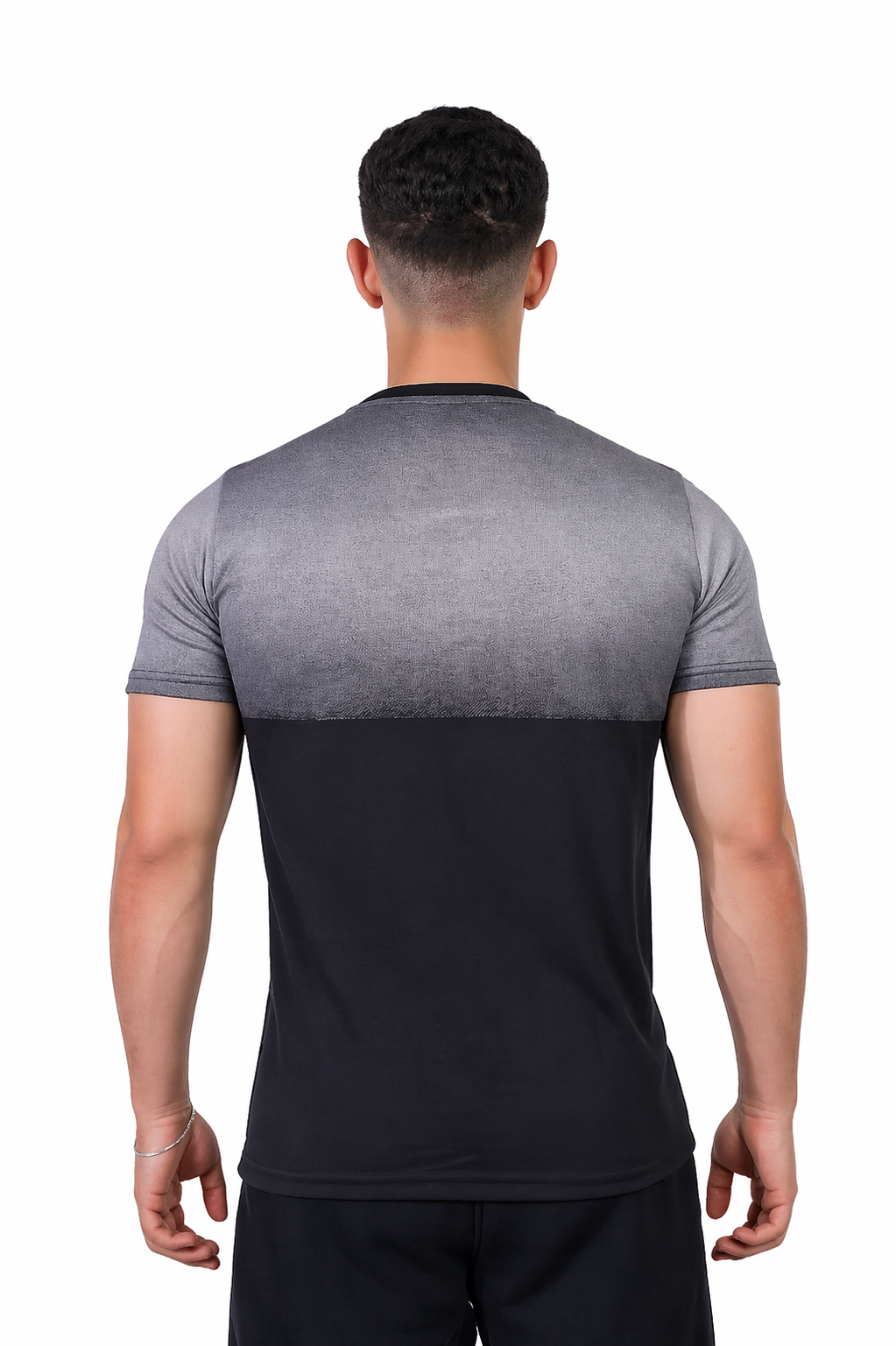 Man wearing a gray and black gradient t-shirt on a white background