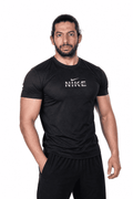 Man wearing a black Nike t-shirt on a white background