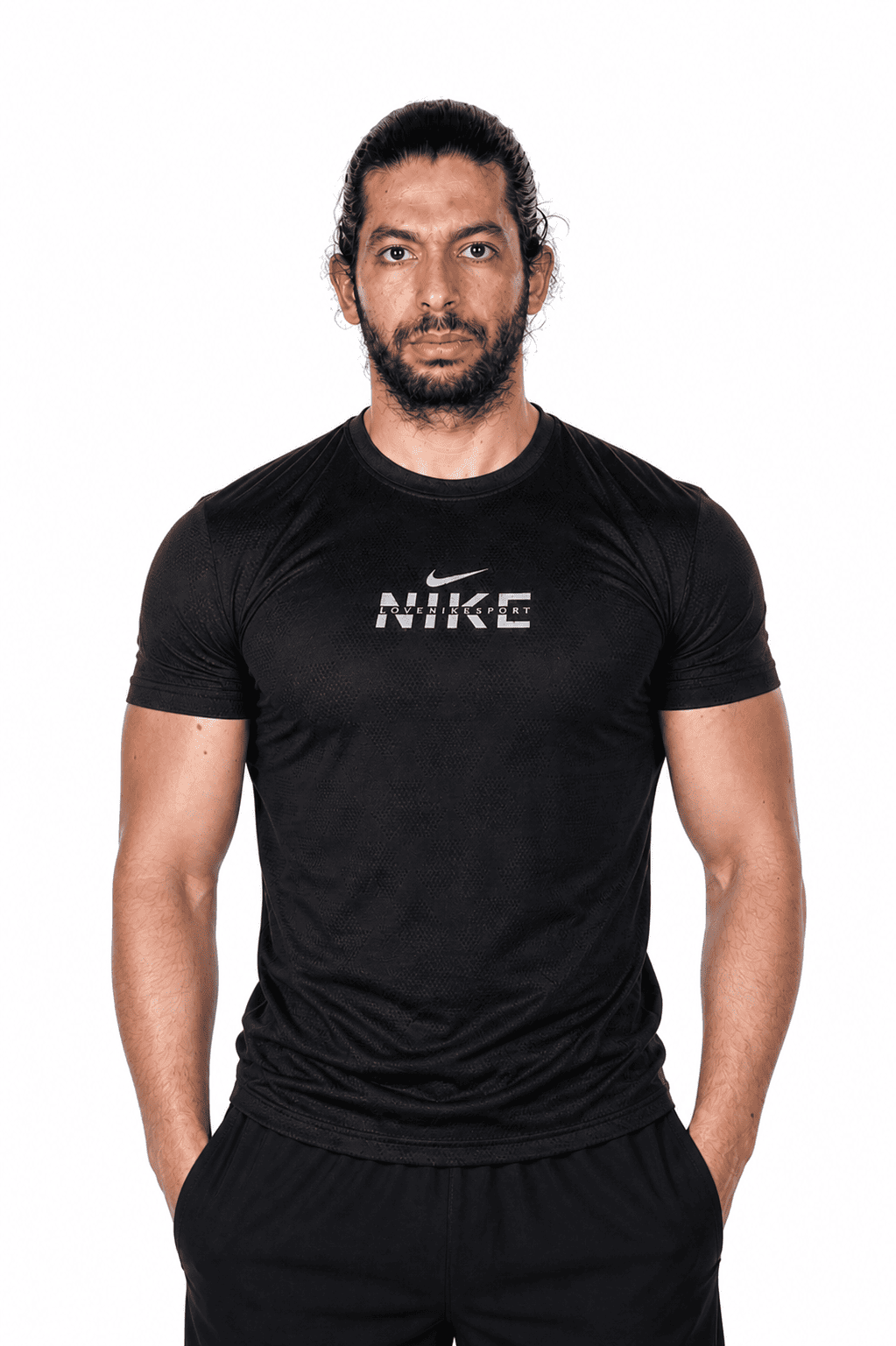 Man wearing a black Nike t-shirt on a white background