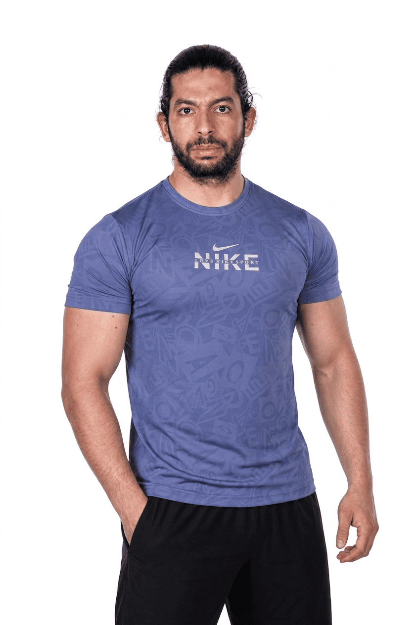 Man wearing a purple Nike t-shirt on a white background