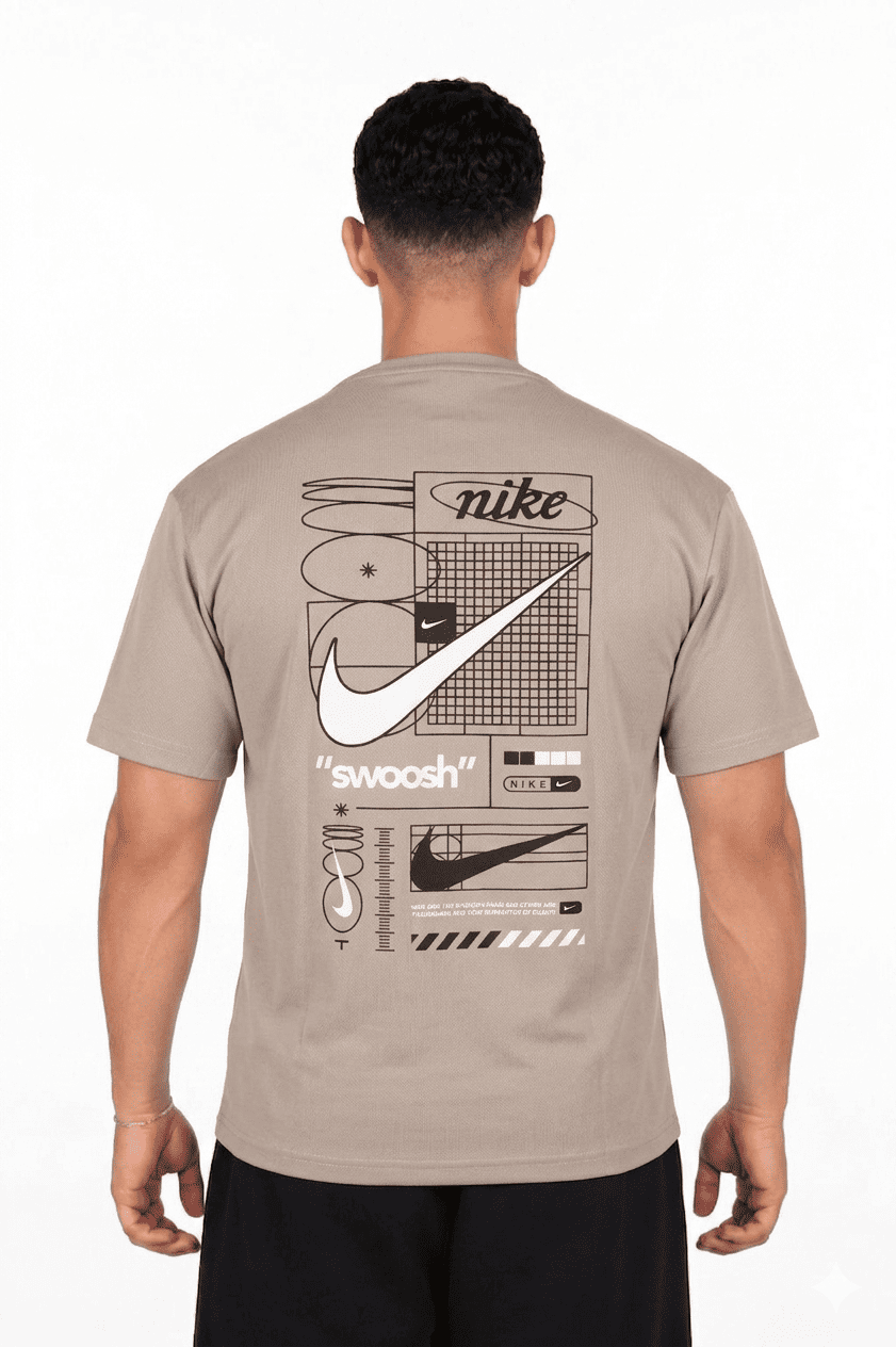 Man wearing a beige t-shirt with Nike logo and graphics on the back