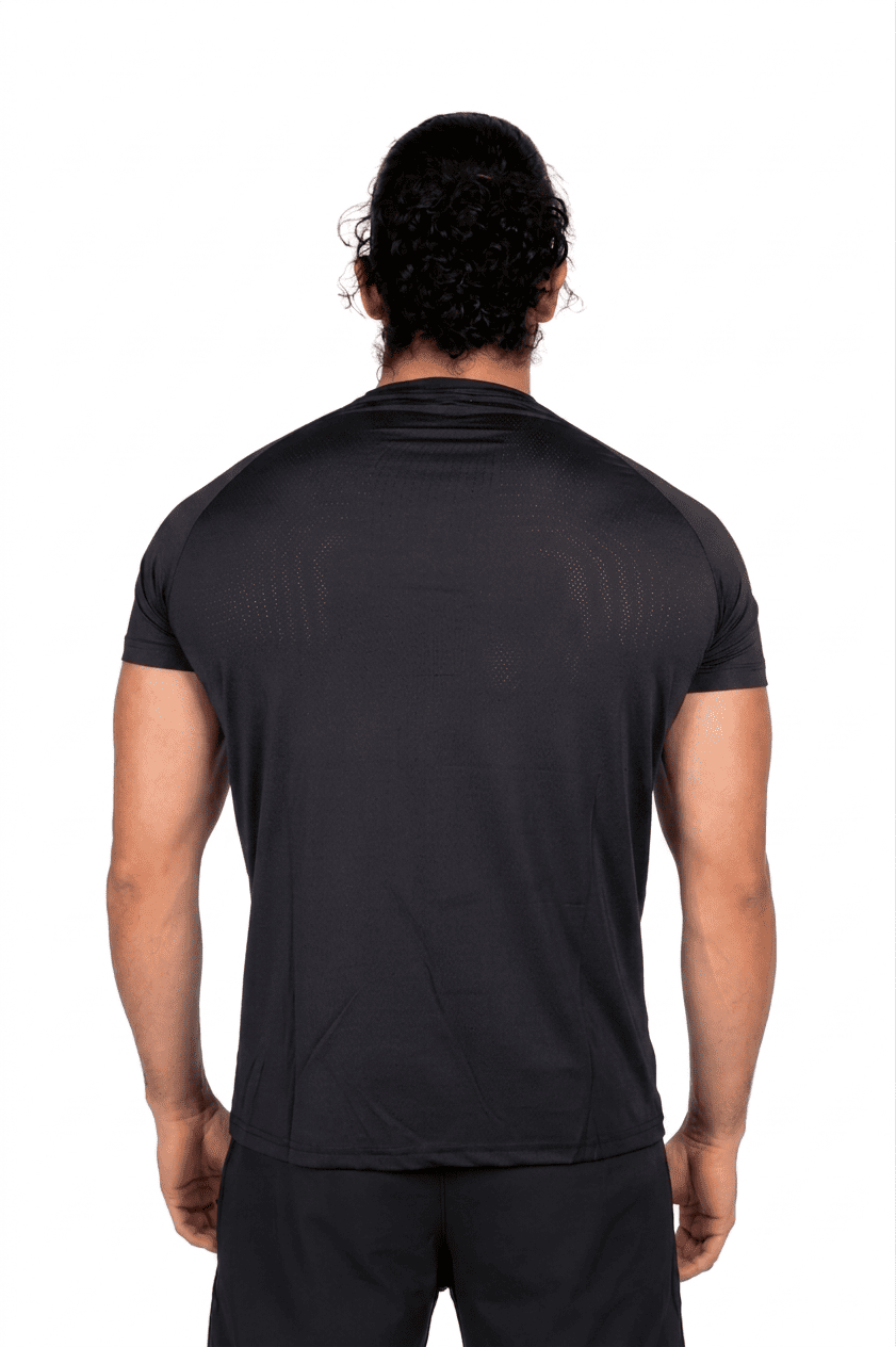 Person wearing a black t-shirt on a white background