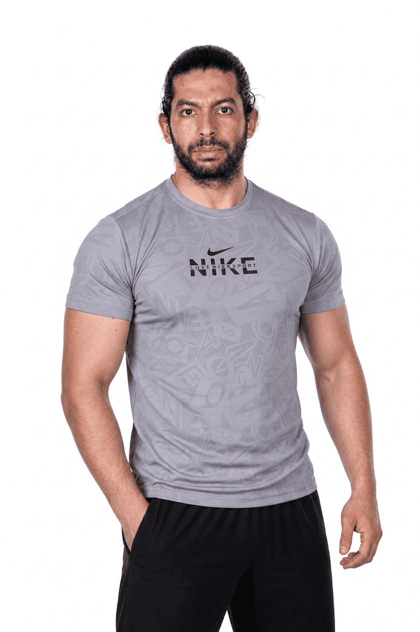 Man wearing a gray Nike t-shirt on a white background