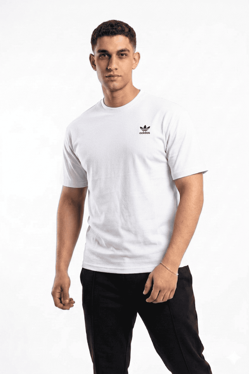 Man wearing a white Adidas t-shirt on a white background