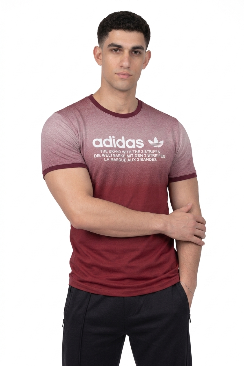 Man wearing a maroon Adidas t-shirt on a white background