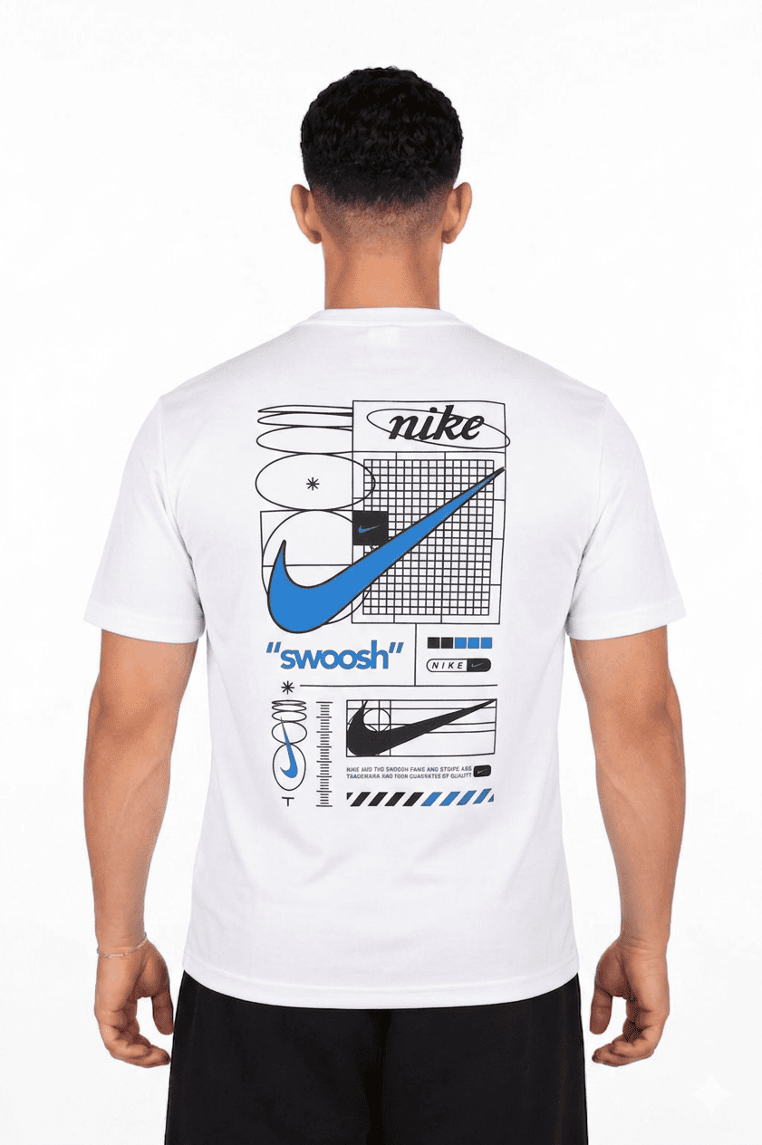 Person wearing a white t-shirt with Nike branding and graphics on the back.