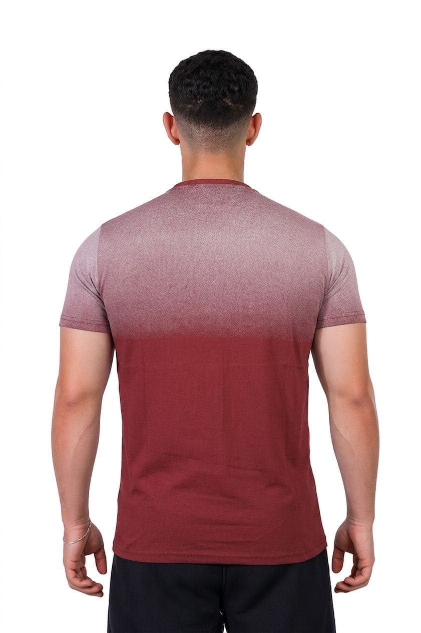 Man wearing a maroon and gray gradient t-shirt on a white background