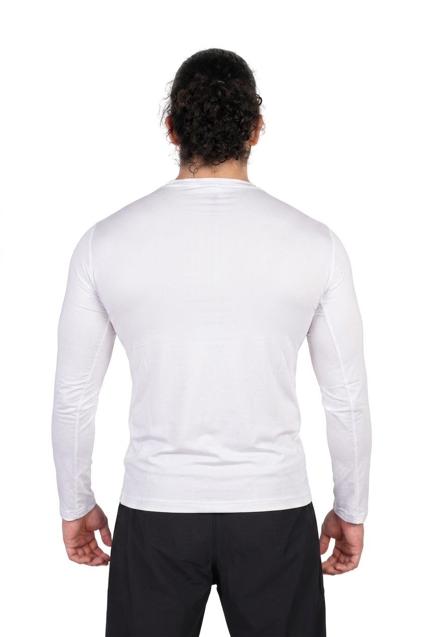 Person wearing a white long-sleeve shirt and black pants on a white background