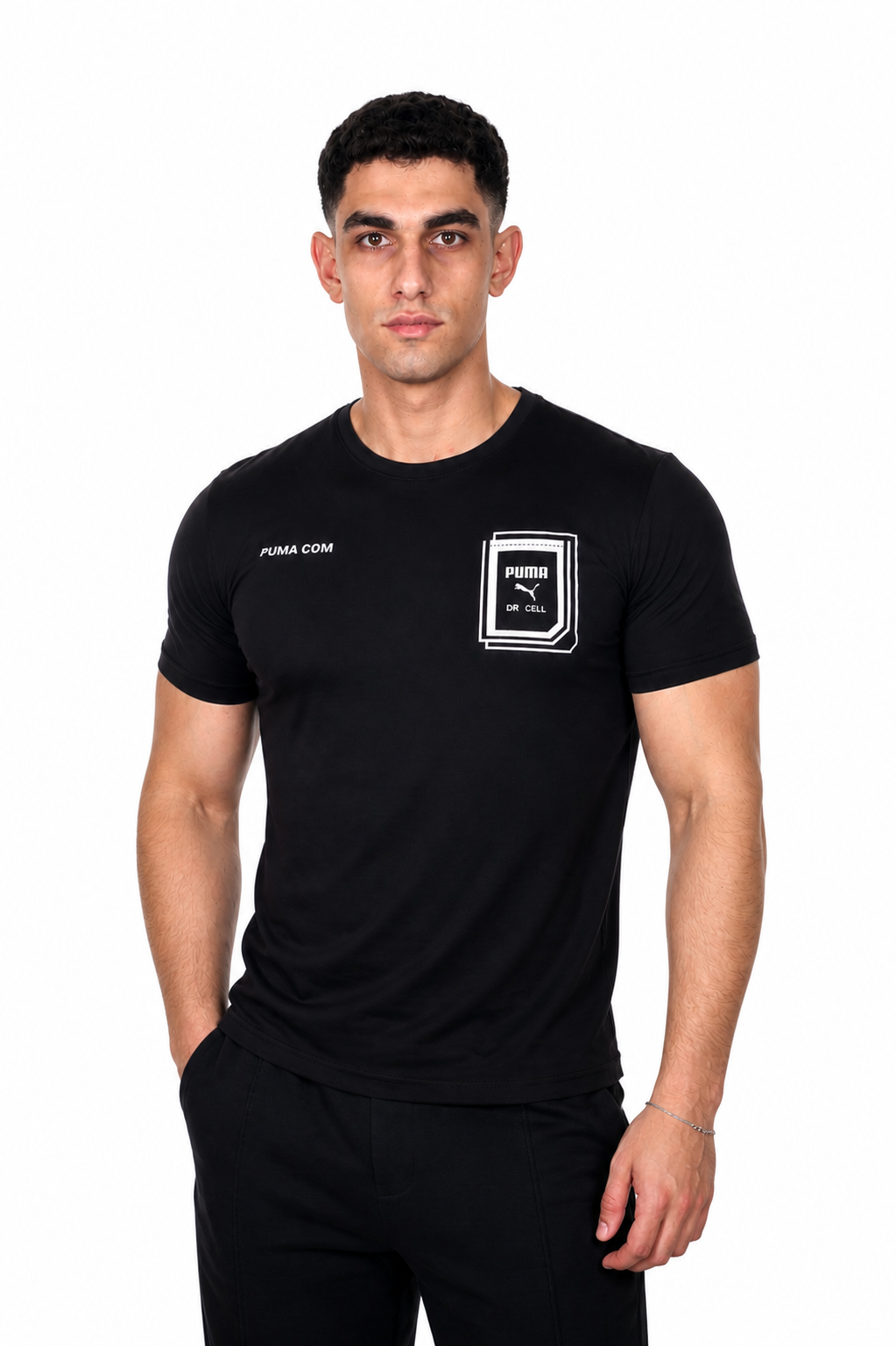 Man wearing a black t-shirt with Puma logo on a white background