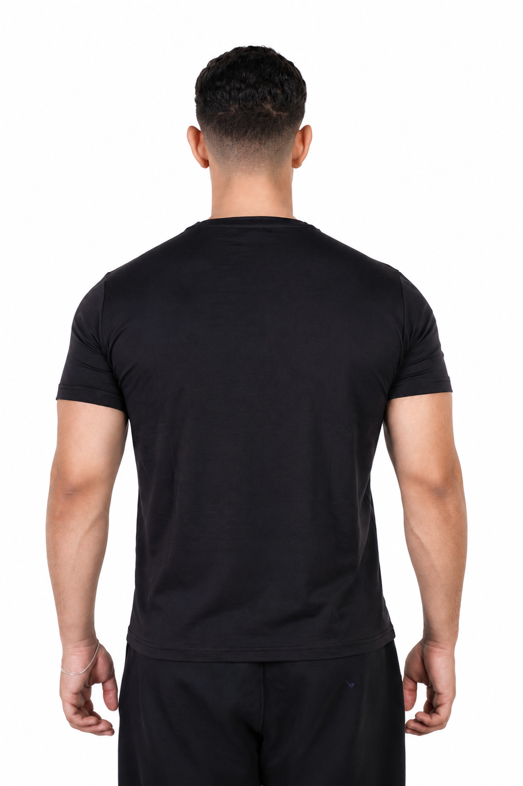 Man wearing a black t-shirt on a white background