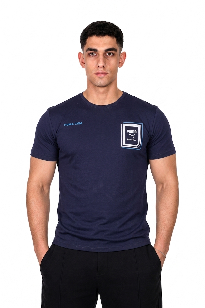 Man wearing a navy blue t-shirt with a logo on a white background
