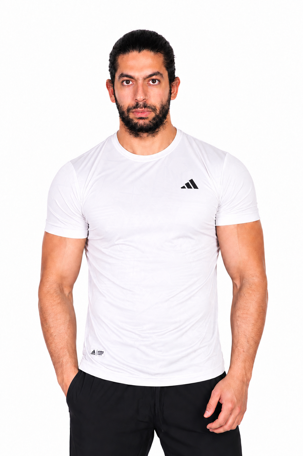 Man wearing a white Adidas t-shirt on a white background